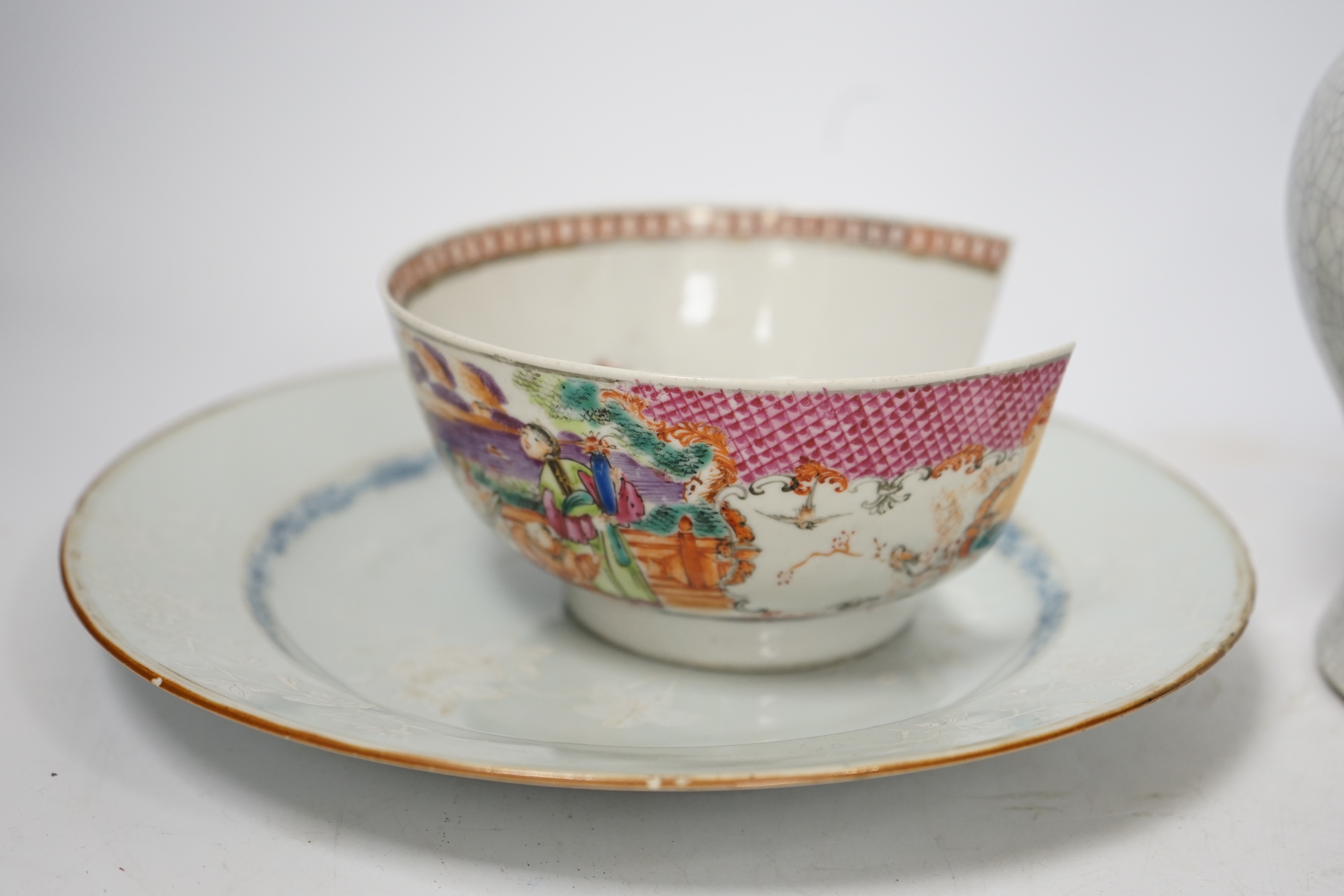 An 18th century Chinese export plate, mandarin pattern bowl (a.f) and a crackle glazed vase, 25cm